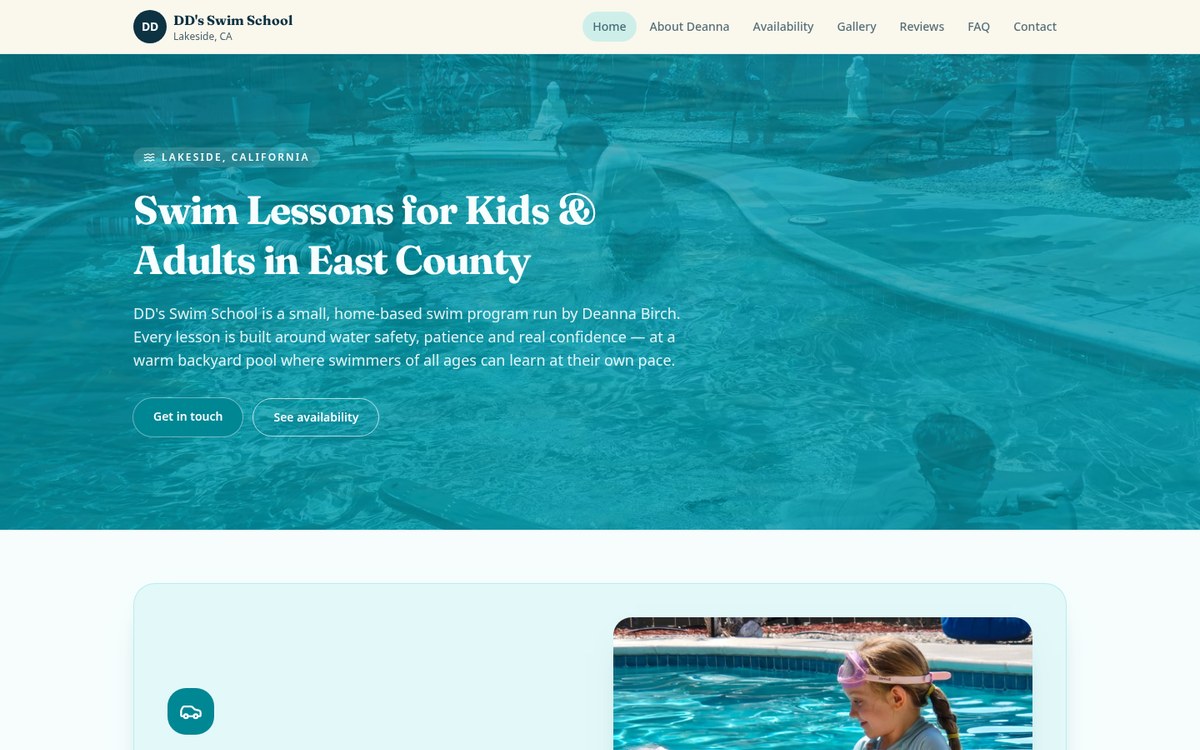 DD's Swim School website screenshot
